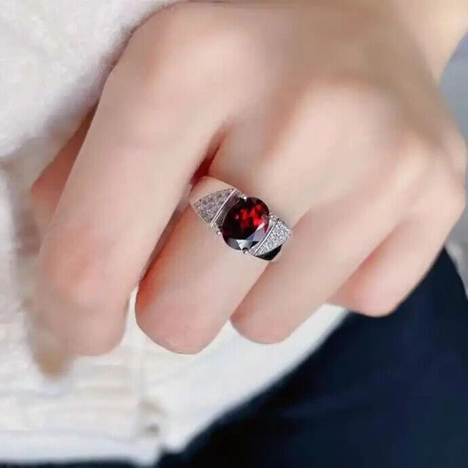 Red Garnet Mens Cocktail Ring 7x9mm Platinum Plated Sterling