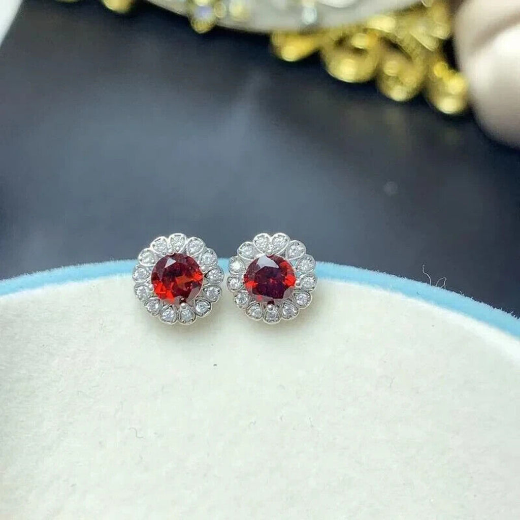 Round Garnet Cluster Earrings Round 5mm Platinum Plated
