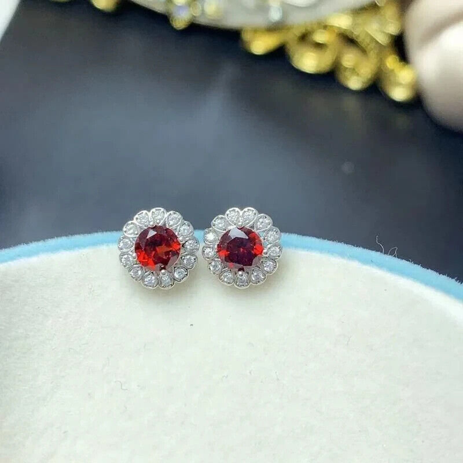Round Garnet Cluster Earrings Round 5mm Platinum Plated