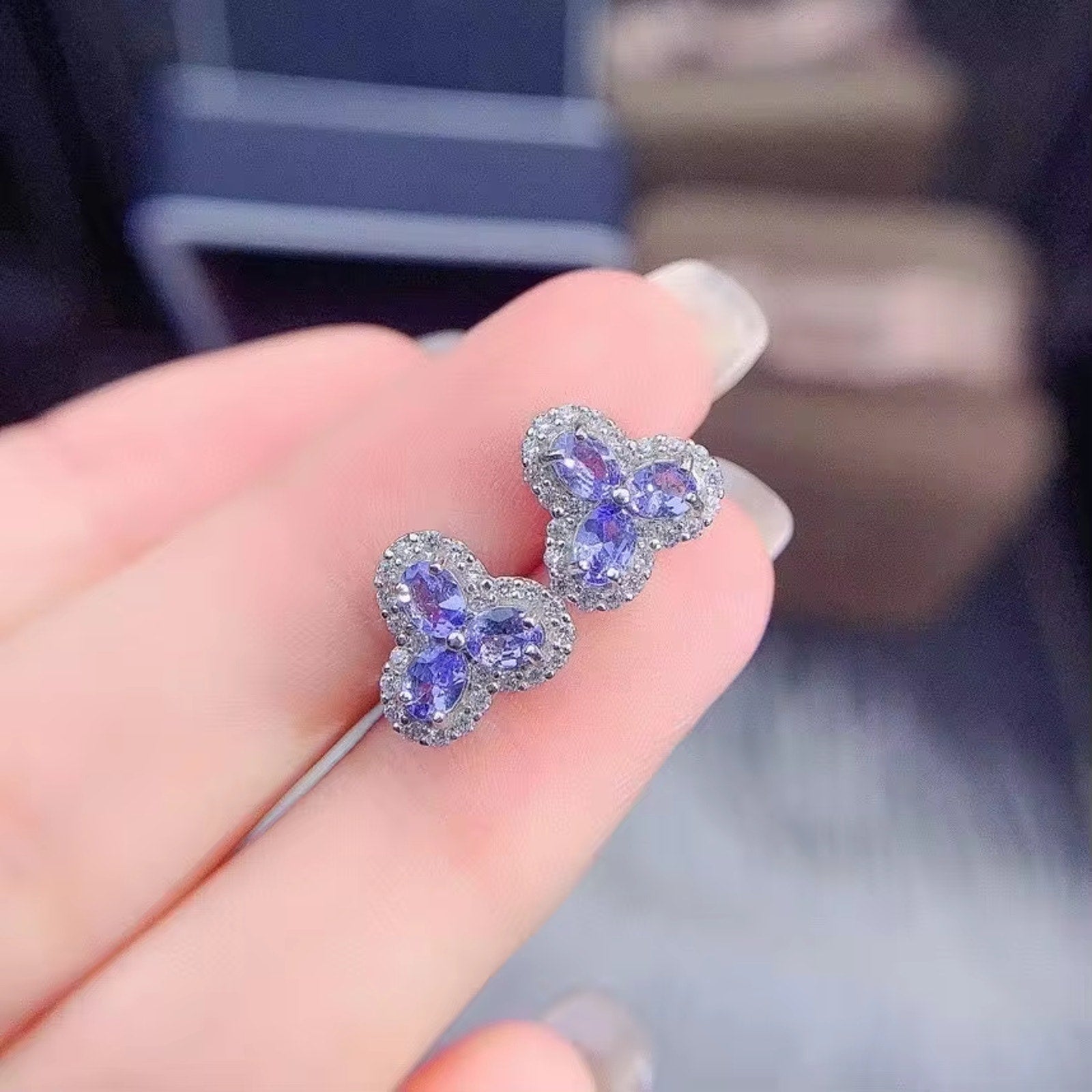 Purple Tanzanite Earrings, Tanzanite Gemstone Flower Earrings Sterling Silver