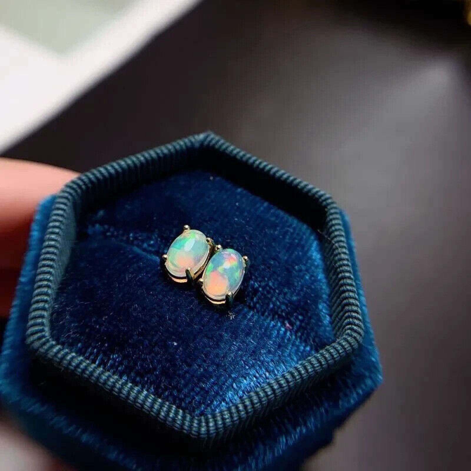 White Fire Opal Stud Earrings, Natural Opal 5x7mm Stud Earrings Sterling Silver