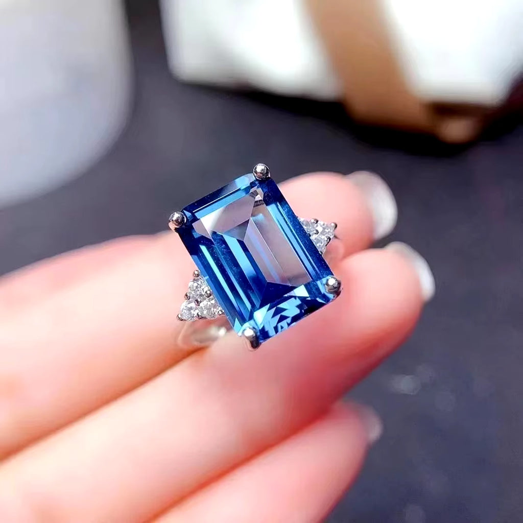 Emerald Cut London Blue Topaz Ring 925 Sterling Silver, Blue Topaz 10x14mm