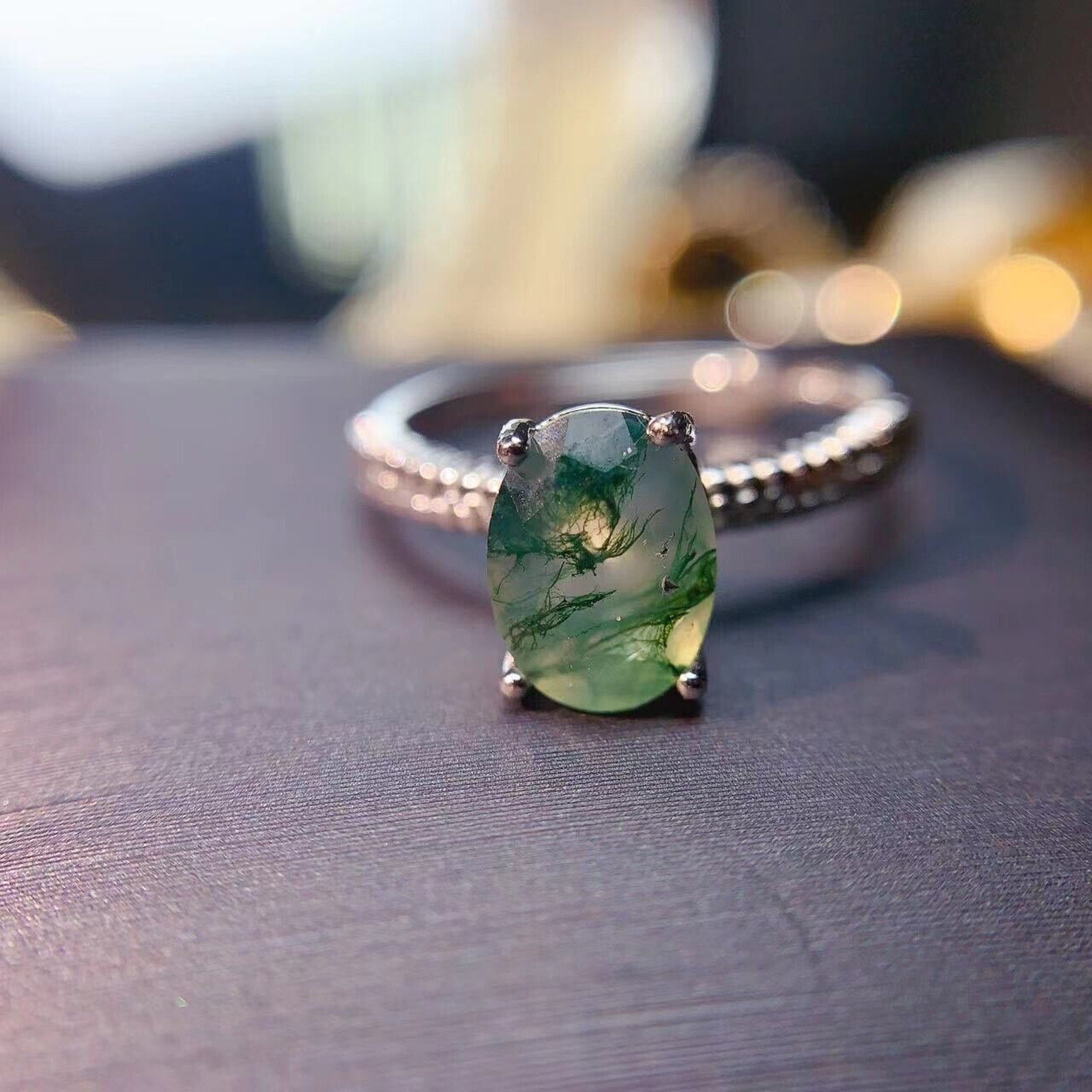Moss Agate Cocktail Ring 6x8mm 925 Sterling Silver