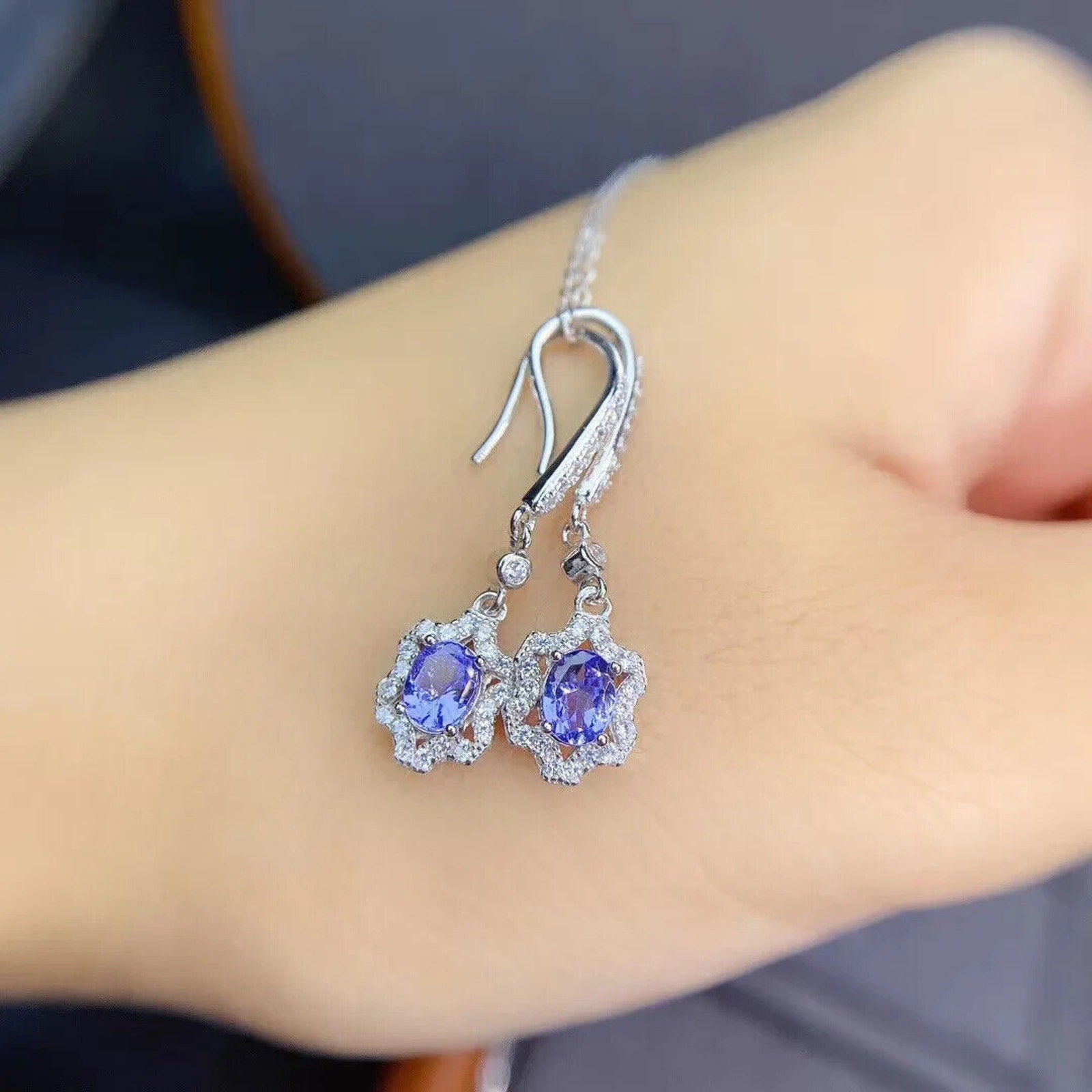 Natural Purple Tanzanite Dangle Earrings Sterling Silver, Tanzanite Earrings