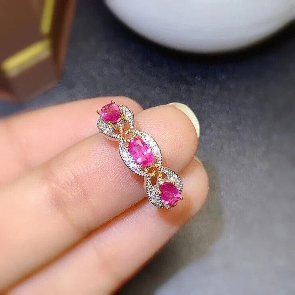 Women's Natural Pink Sapphire Band Ring, Genuine Pink Sapphire Ring Silver