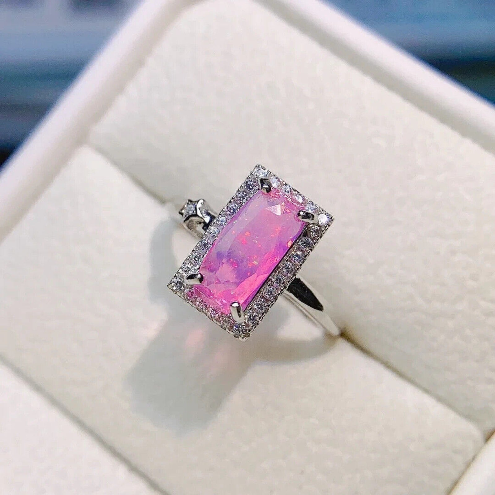 Pink Fire Opal Gemstone Ring 5x10mm, Natural Pink Fire Opal Statement Ring