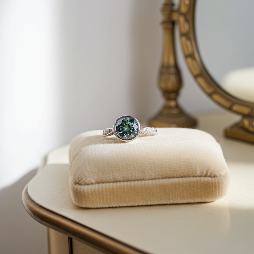 VVS1 2 CT Green Moissanite Ring 8mm Bezel Setting