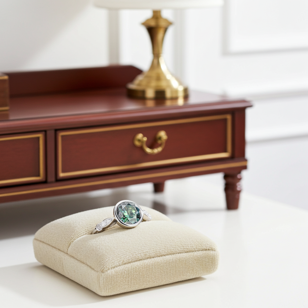 VVS1 2 CT Green Moissanite Ring 8mm Bezel Setting