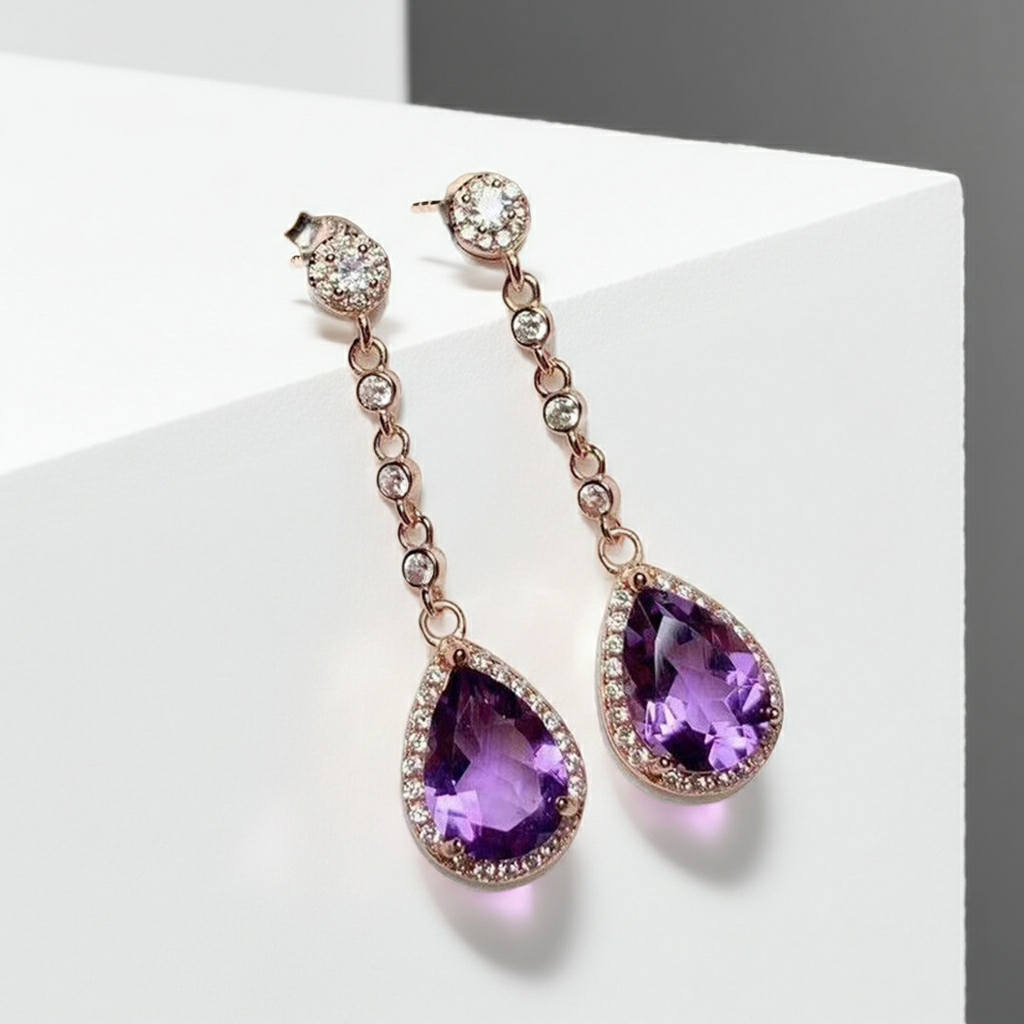 4CT Pear Cut Amethyst Drop Dangle Earrings