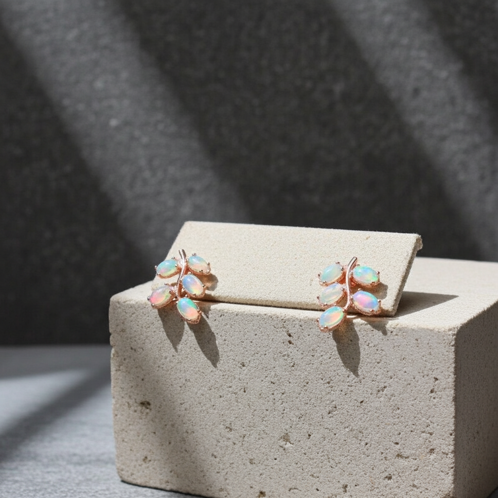 Natural Fire Opal Leaf Stud Earrings 925 Sterling Silver