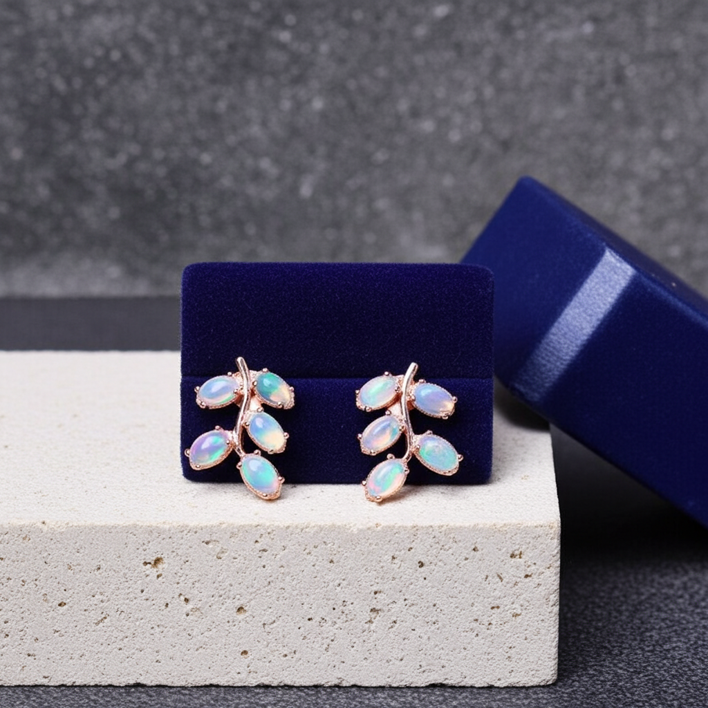 Natural Fire Opal Leaf Stud Earrings 925 Sterling Silver