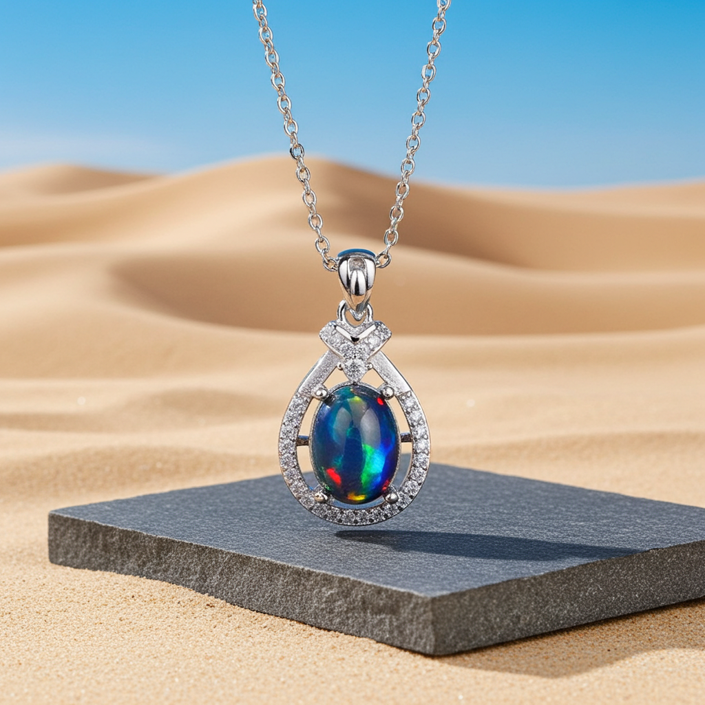 Natural Australian Black Fire Opal Necklace 7x9mm oval gemstone pendant in 925 sterling silver with platinum plated finish, colorful fire opal jewelry by PHIMSERA