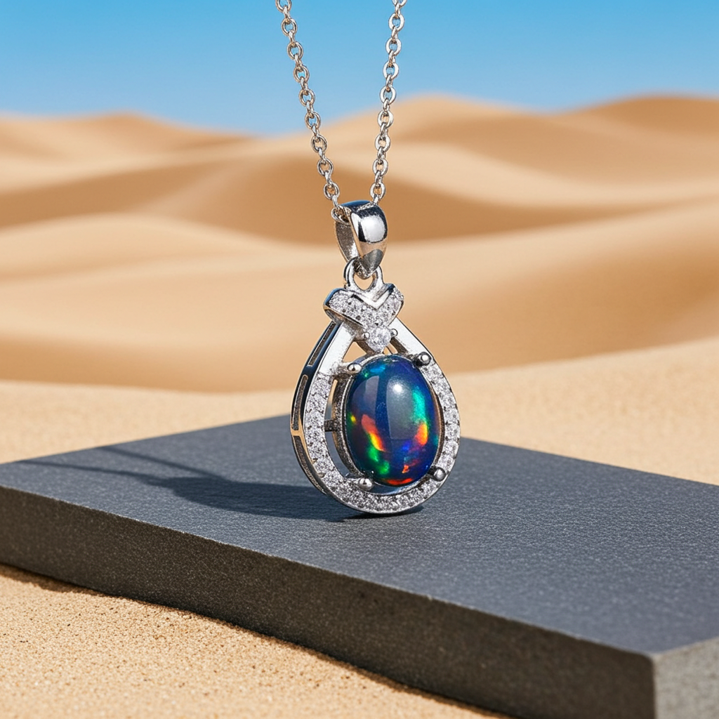 Natural Australian Black Fire Opal Necklace 7x9mm oval gemstone pendant in 925 sterling silver with platinum plated finish, colorful fire opal jewelry by PHIMSERA