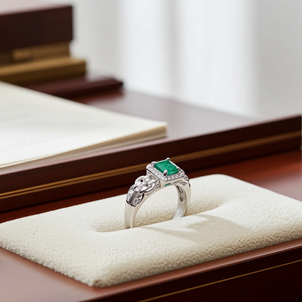 Natural Colombian Emerald Gemstone Ring 7mm Platinum Plated 925 Silver