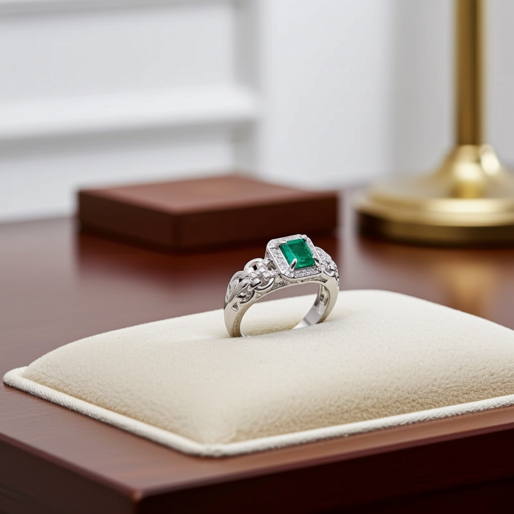 Natural Colombian Emerald Gemstone Ring 7mm Platinum Plated 925 Silver