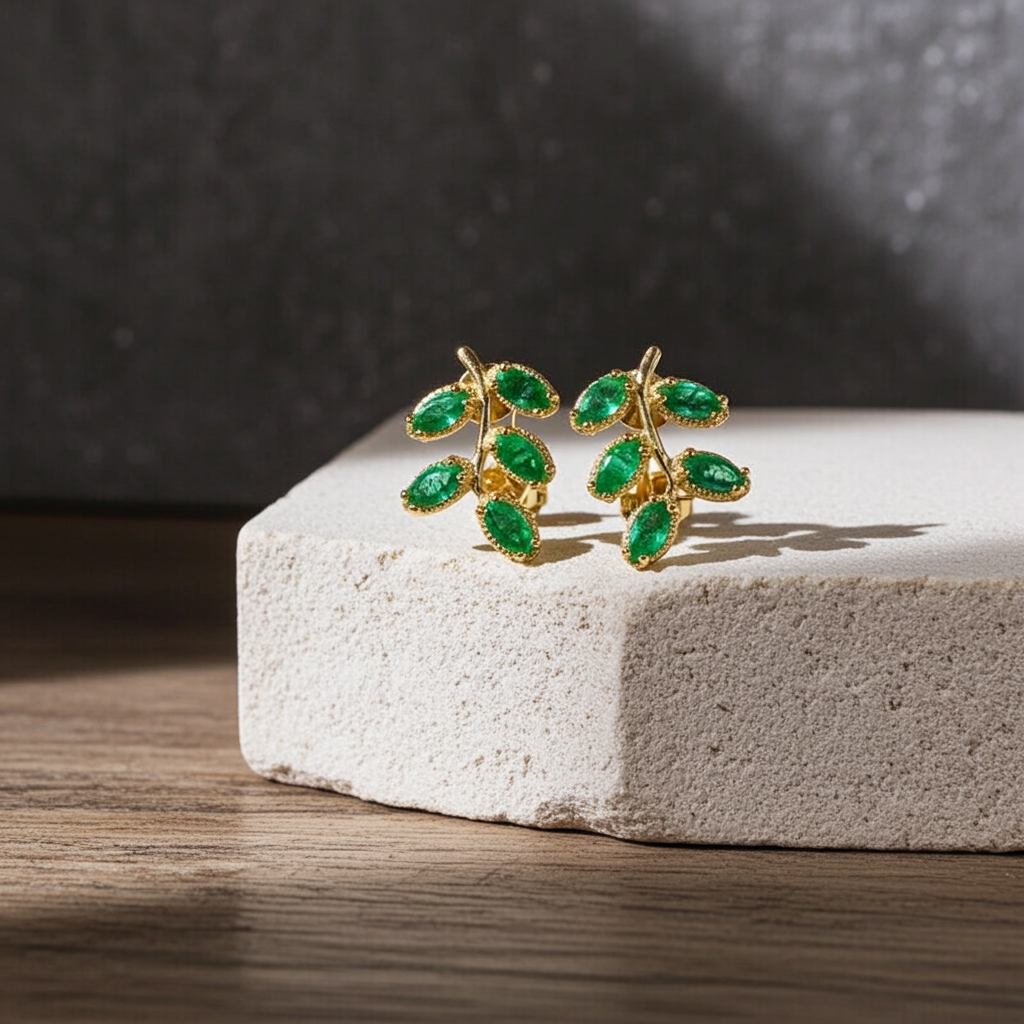 Natural Zambian Emerald Leaf Stud Earrings 14k Gold Plated