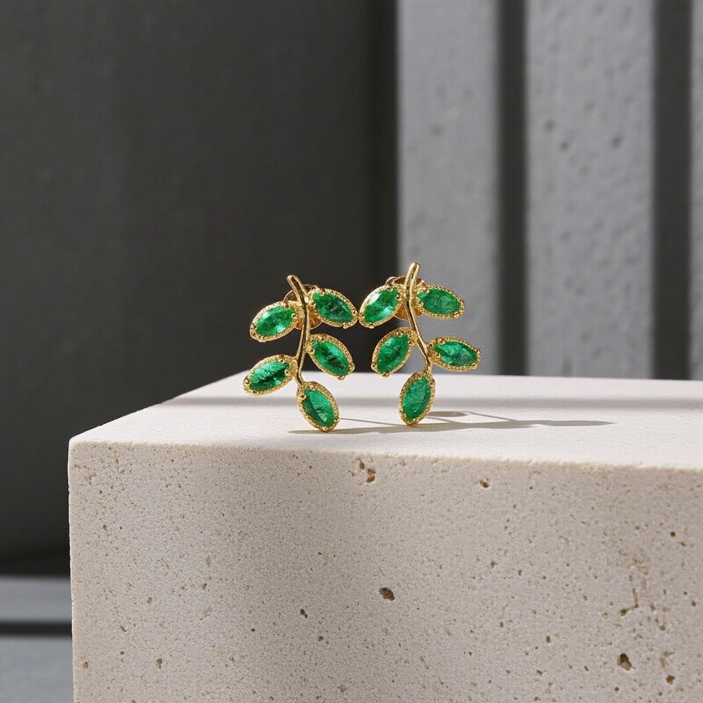 Natural Zambian Emerald Leaf Stud Earrings 14k Gold Plated