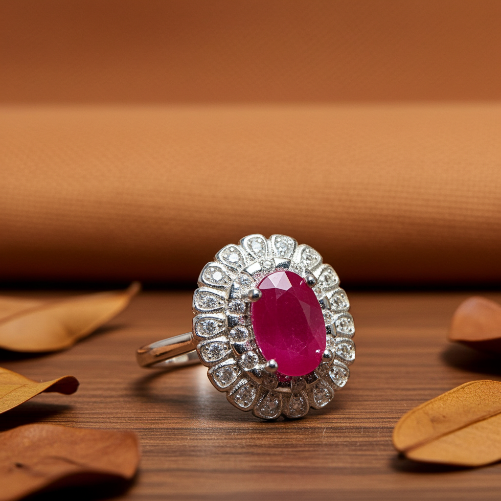 Natural Pink Ruby Ring 4x6mm, Burma Ruby Cluster Ring