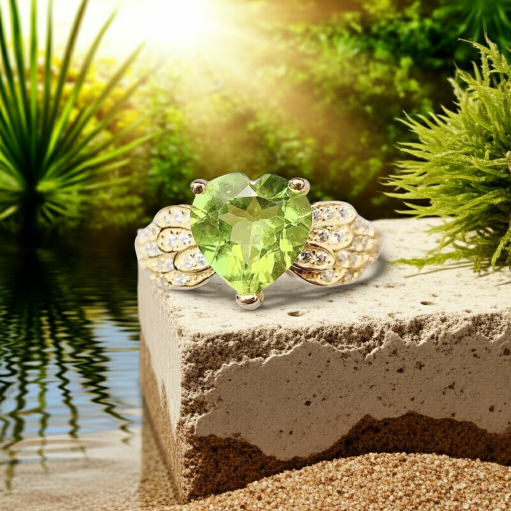 Natural Peridot Gemstone Heart Ring 8mm 2CT, August Birthstone Peridot Ring
