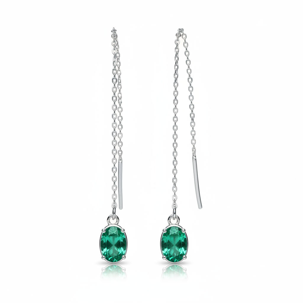 Natural Emerald Chain Dangle Earrings 4x6mm Platinum or Gold Plated, Emerald
