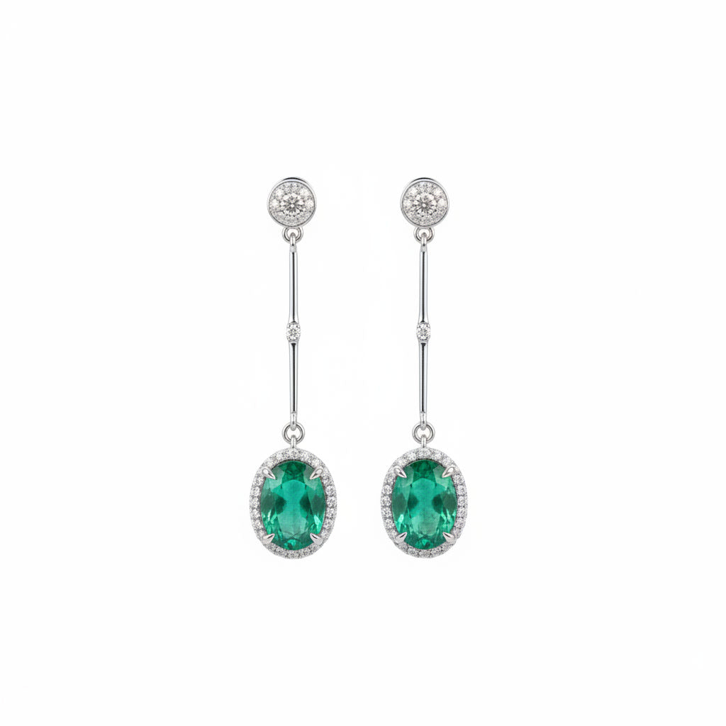 Emerald Drop Dangle Earrings 4x6mm 925 Sterling Silver with Platinum