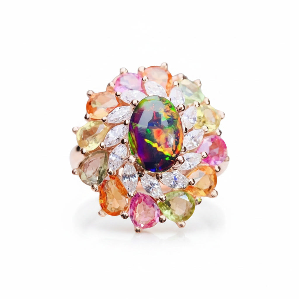 Natural Black Australian Fire Opal Ring with Multicolor Sapphires in 925 Sterling Silver