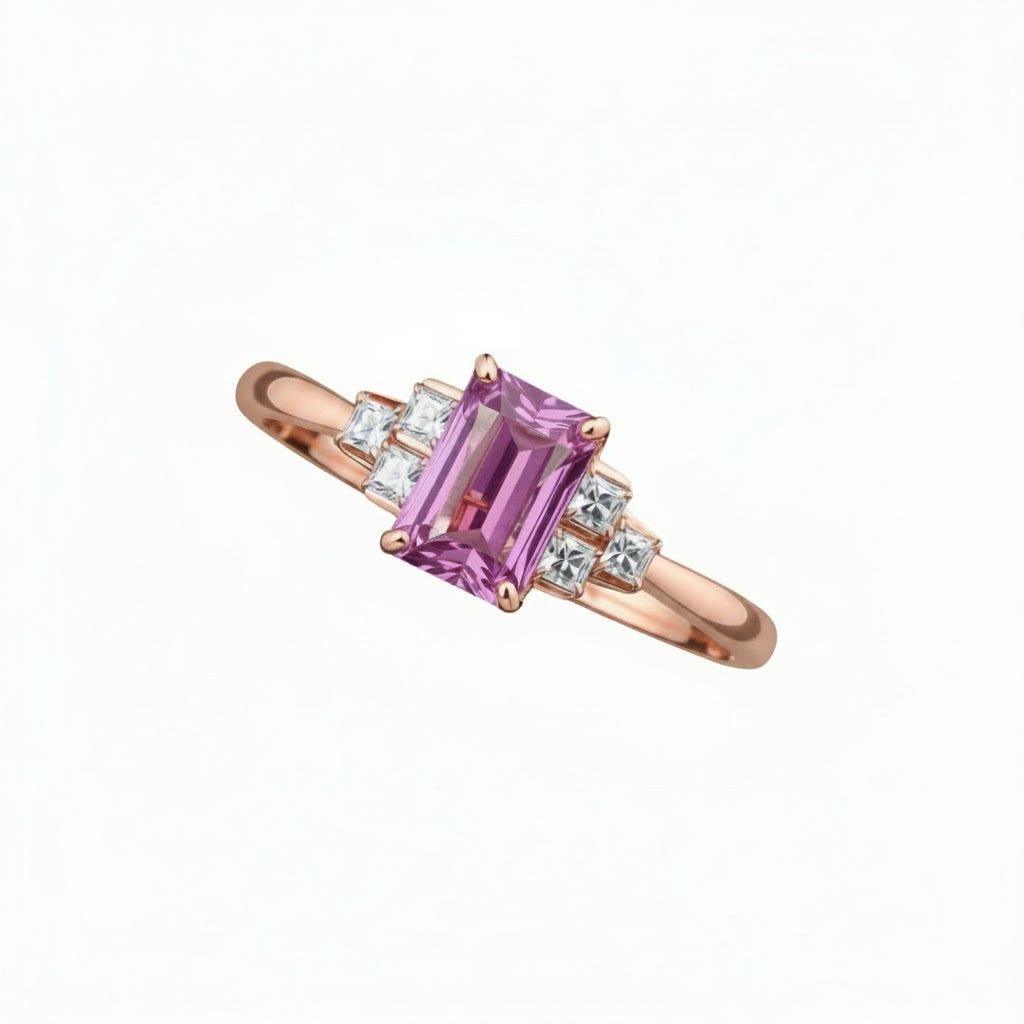 Natural Brazilian Emerald Cut Tourmaline Ring with 4x6mm gemstone and cubic zirconia accents in 925 sterling silver by PHIMSERA