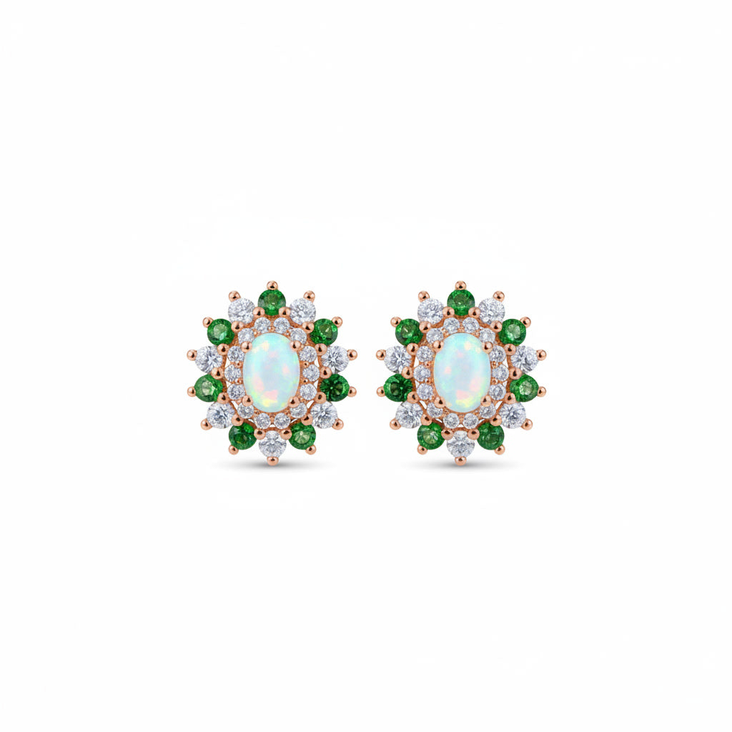 White Fire Opal and Chrome Diopside Flower Stud Earrings