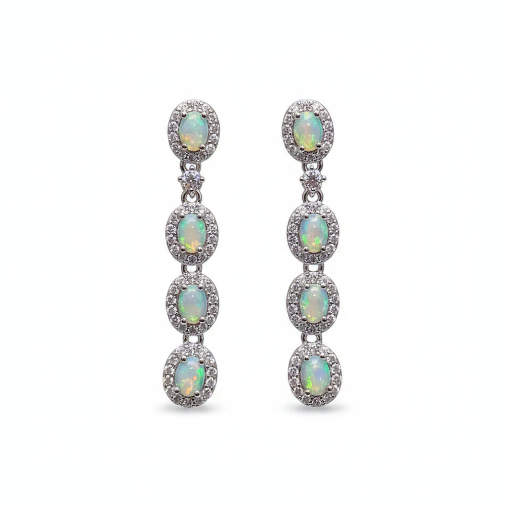 Australian White Opal Dangle Earrings 4x6mm 925 Sterling Silver