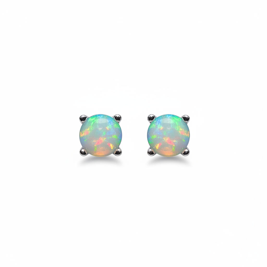 White Fire Opal Stud Earrings, Natural Opal 5x5mm Stud Earrings Sterling Silver