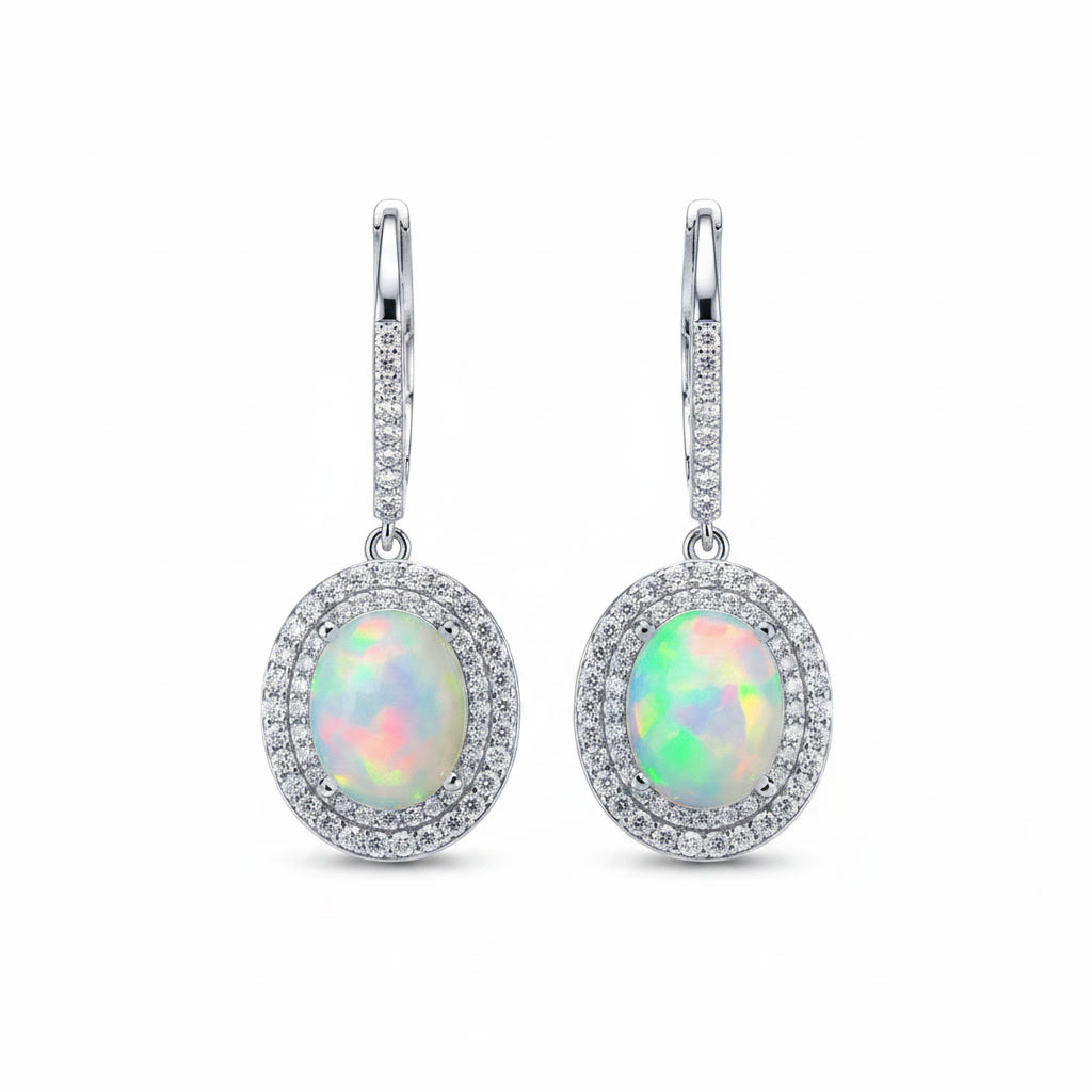 Large Fire Opal Dangle Earrings 8x10mm 925 Sterling Silver