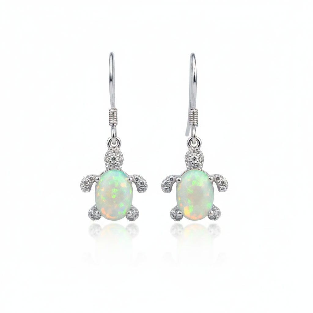 Turtle Opal Earrings, Natural Fire Opal Turtle Dangle Earrings Sterling Silver