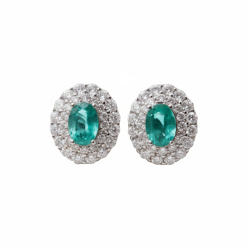 Emerald Cluster Stud Earrings 5x7mm Platinum Plated Silver