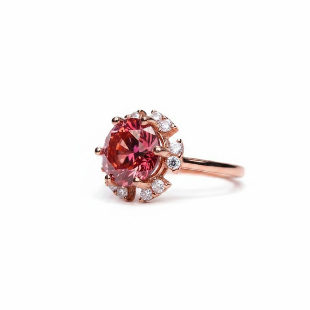 2 carat watermelon red round moissanite flower ring with cubic zirconia halo in rose gold plated 925 sterling silver on a white background