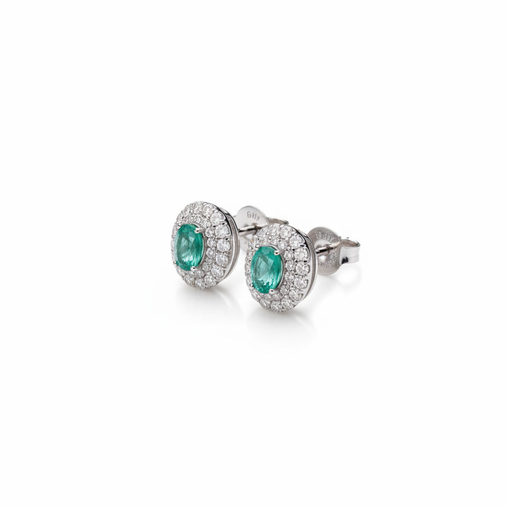 Emerald Cluster Stud Earrings 5x7mm Platinum Plated Silver