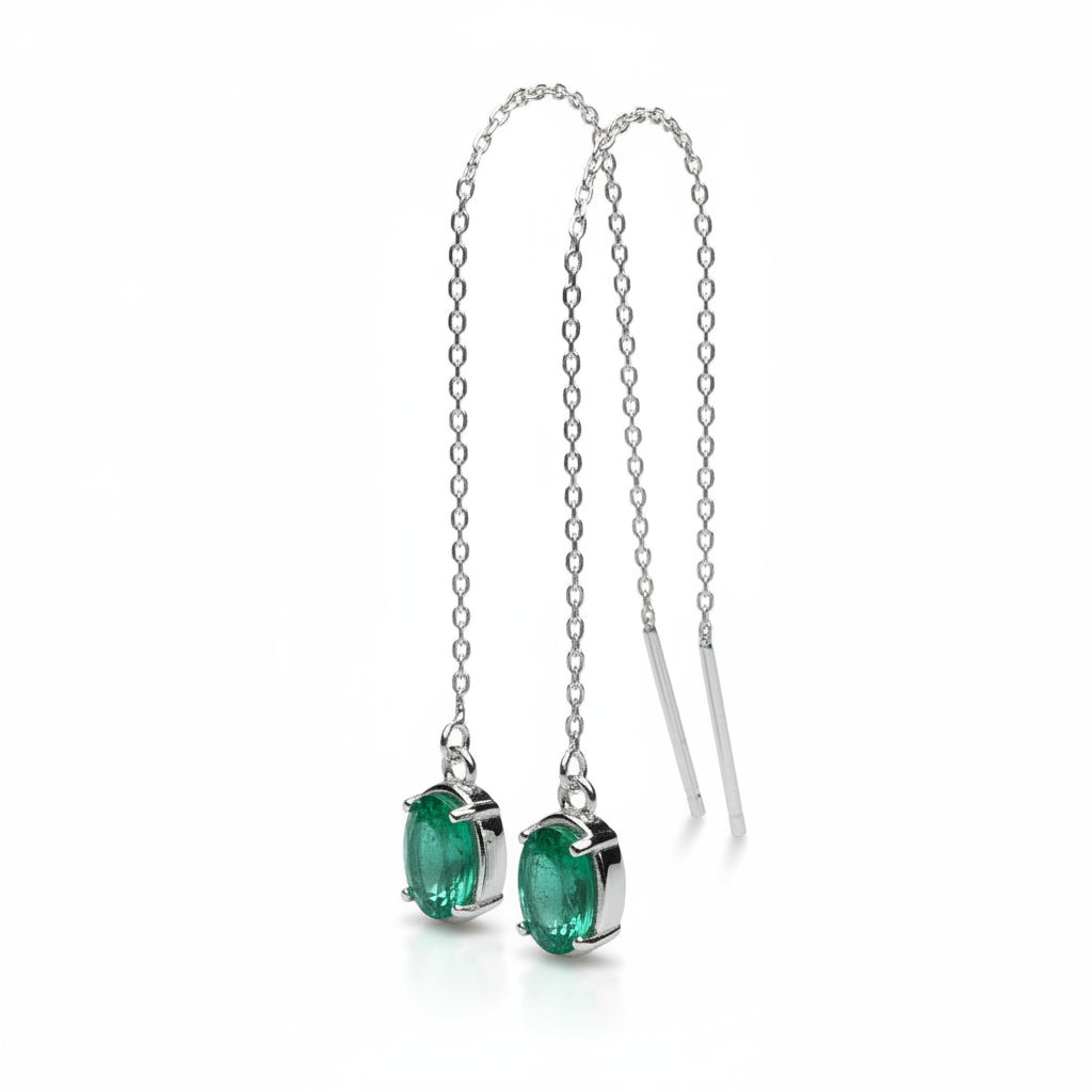 Natural Emerald Chain Dangle Earrings 4x6mm Platinum or Gold Plated, Emerald