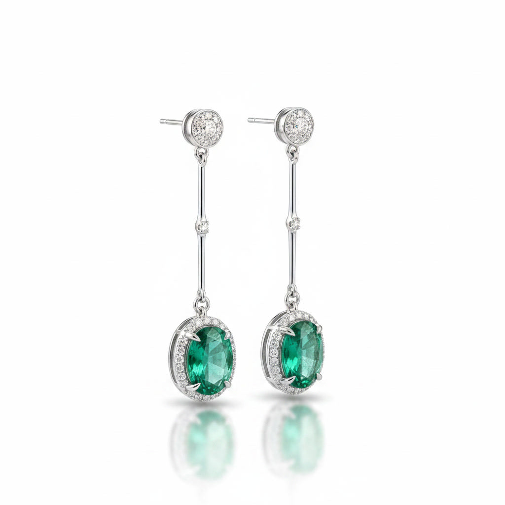 Emerald Drop Dangle Earrings 4x6mm 925 Sterling Silver with Platinum