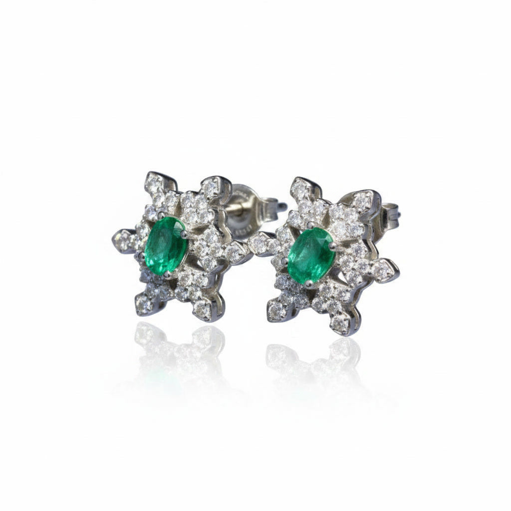 Zambian Emerald Snowflake Earirngs 3x4mm Platinum Plated