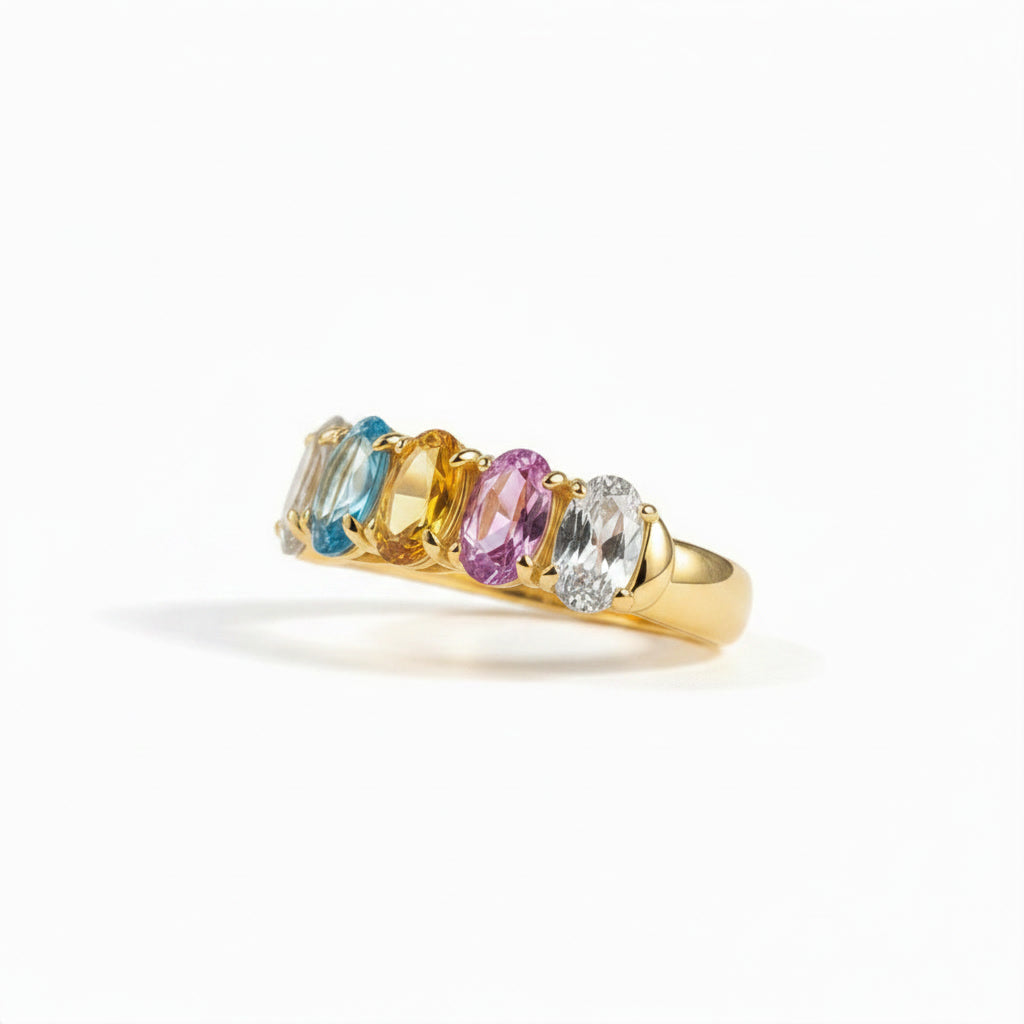 Natural Multi Tourmaline Five Stone Ring with 3x4mm marquise-cut colorful gemstones in 925 sterling silver with platinum plated finish by PHIMSERA