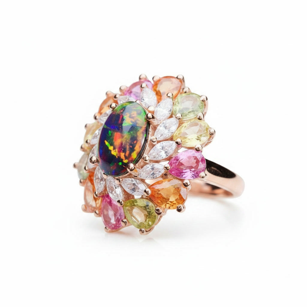 Natural Black Australian Fire Opal Ring with Multicolor Sapphires in 925 Sterling Silver