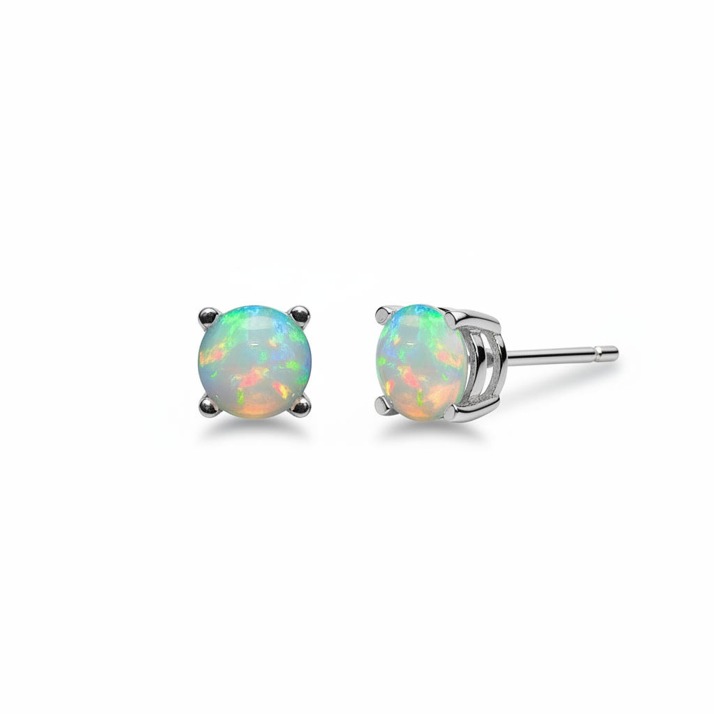 White Fire Opal Stud Earrings, Natural Opal 5x5mm Stud Earrings Sterling Silver