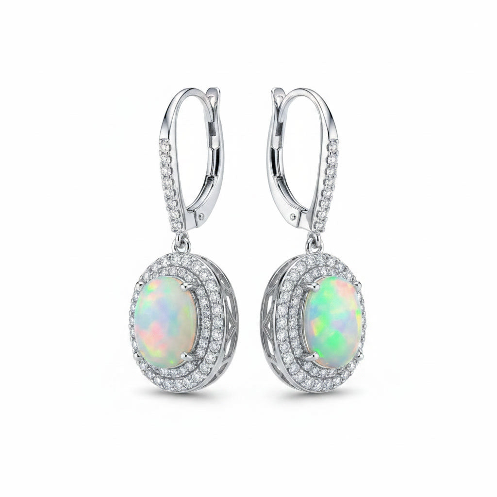 Large Fire Opal Dangle Earrings 8x10mm 925 Sterling Silver