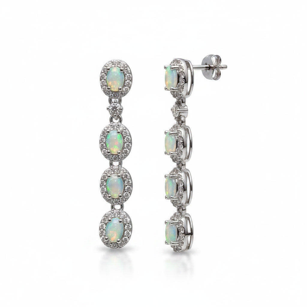 Australian White Opal Dangle Earrings 4x6mm 925 Sterling Silver