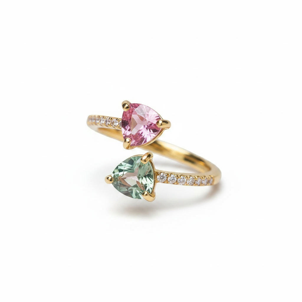 Natural Pink and Green Tourmaline Open Heart Ring with 5mm heart-cut gemstones and cubic zirconia accents in 925 sterling silver with platinum plated finish by PHIMSERA