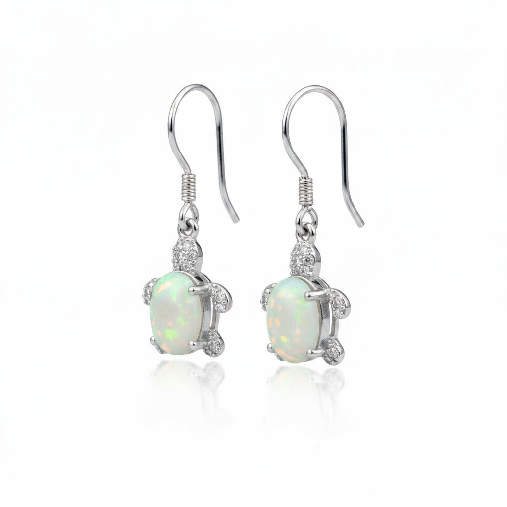 Turtle Opal Earrings, Natural Fire Opal Turtle Dangle Earrings Sterling Silver