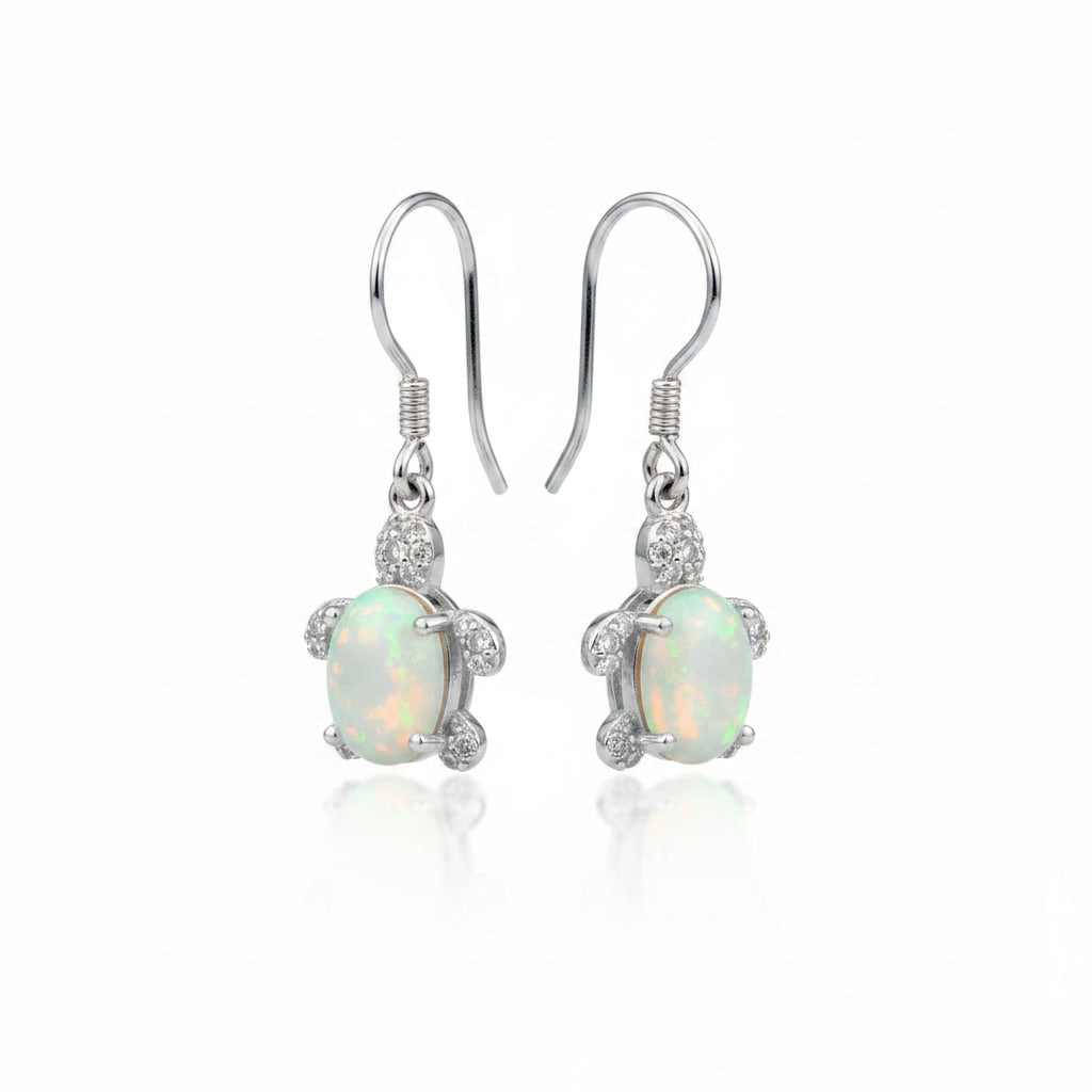 Turtle Opal Earrings, Natural Fire Opal Turtle Dangle Earrings Sterling Silver