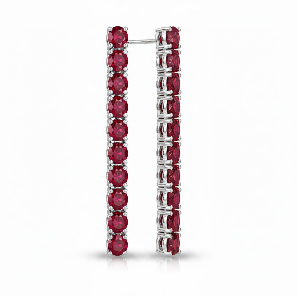 Close angled view of Phimsera 3mm round red ruby dangle earrings featuring 10 gemstones on each earring