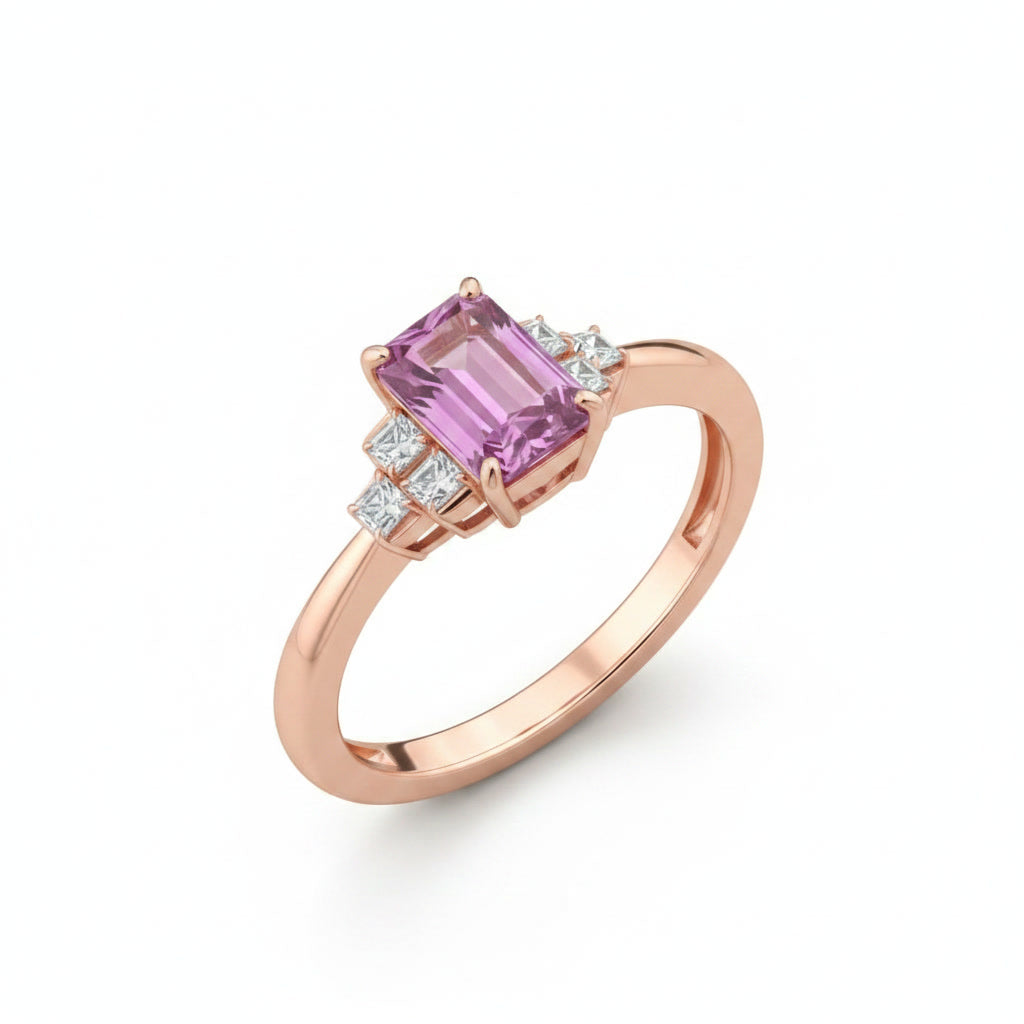 Natural Brazilian Emerald Cut Tourmaline Ring with 4x6mm gemstone and cubic zirconia accents in 925 sterling silver by PHIMSERA