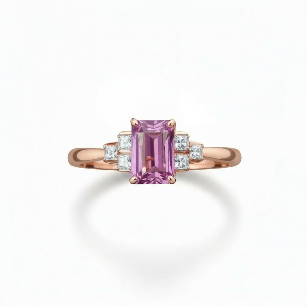 Natural Brazilian Emerald Cut Tourmaline Ring with 4x6mm gemstone and cubic zirconia accents in 925 sterling silver by PHIMSERA