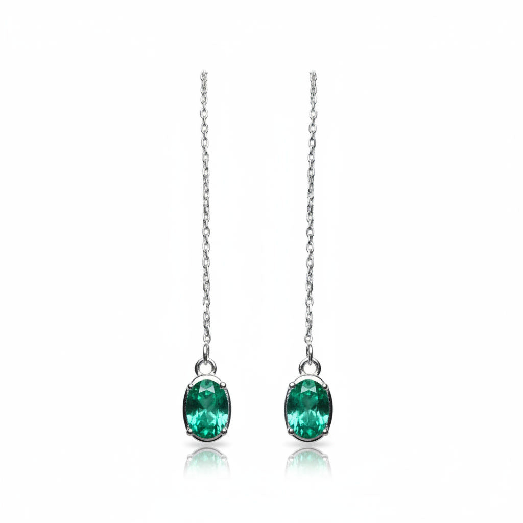 Natural Emerald Chain Dangle Earrings 4x6mm Platinum or Gold Plated, Emerald